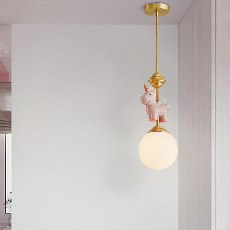 Creme Glas Globe Pendelleuchte Kinder 1-Licht Pendelleuchte mit Harz Einhorn