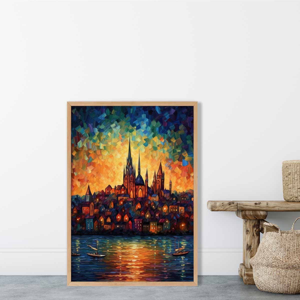 Lakeside City bei Sonnenuntergang Palette Messer Malerei Kunstdruck