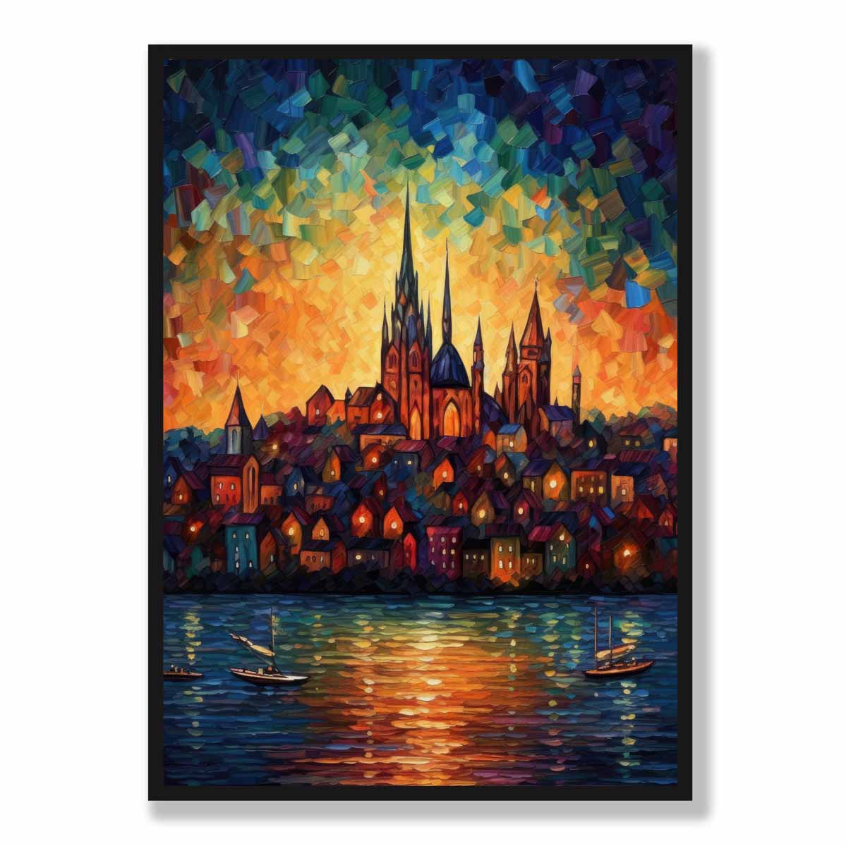 Lakeside City bei Sonnenuntergang Palette Messer Malerei Kunstdruck