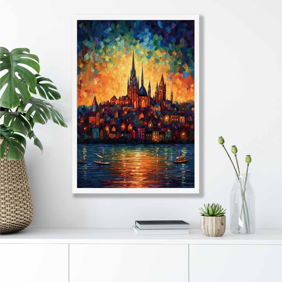 Lakeside City bei Sonnenuntergang Palette Messer Malerei Kunstdruck