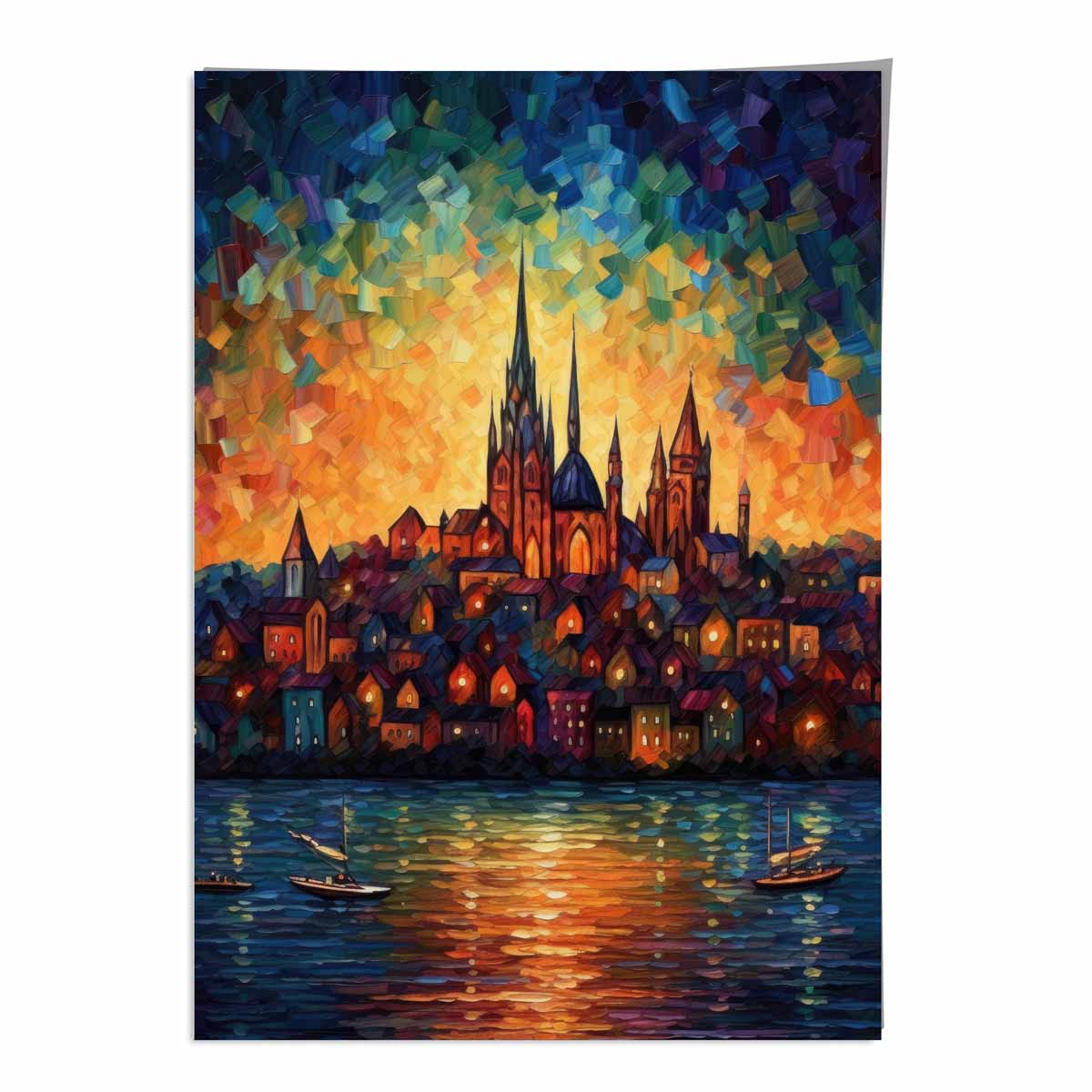 Lakeside City bei Sonnenuntergang Palette Messer Malerei Kunstdruck