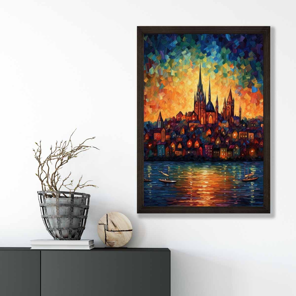 Lakeside City bei Sonnenuntergang Palette Messer Malerei Kunstdruck