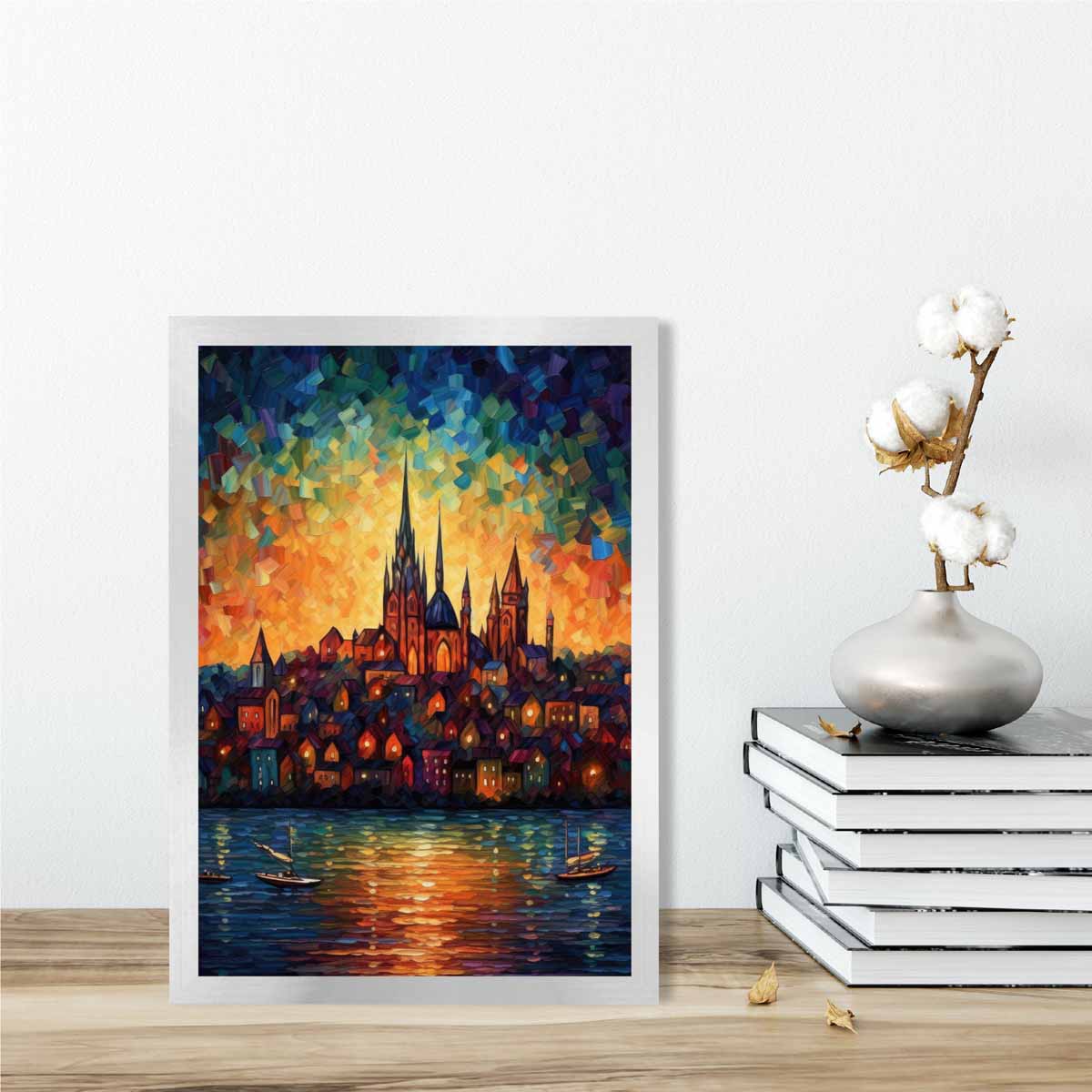 Lakeside City bei Sonnenuntergang Palette Messer Malerei Kunstdruck
