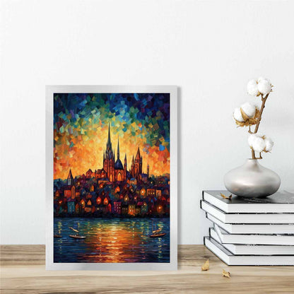 Lakeside City bei Sonnenuntergang Palette Messer Malerei Kunstdruck
