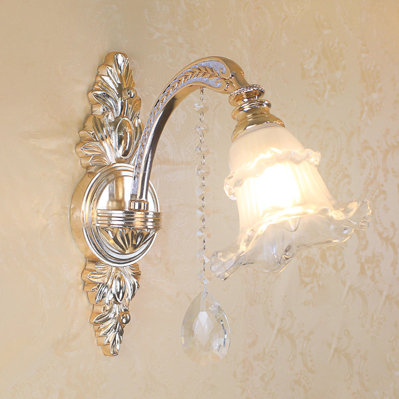Frendorf | Goldene Blumen-Wandlampe Retro-Stil mattglas Wohnzimmer Wandleuchte mit Kristallakzent