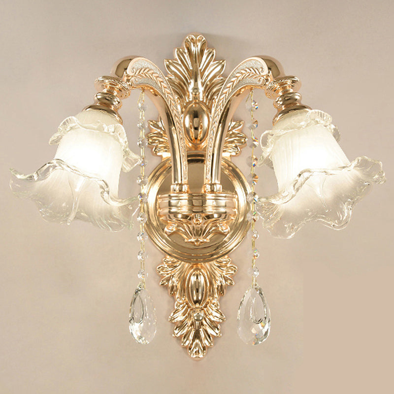 Frendorf | Goldene Blumen-Wandlampe Retro-Stil mattglas Wohnzimmer Wandleuchte mit Kristallakzent