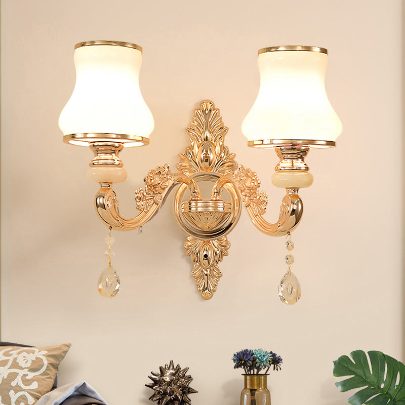 Frendorf | Goldene Blumen-Wandlampe Retro-Stil mattglas Wohnzimmer Wandleuchte mit Kristallakzent