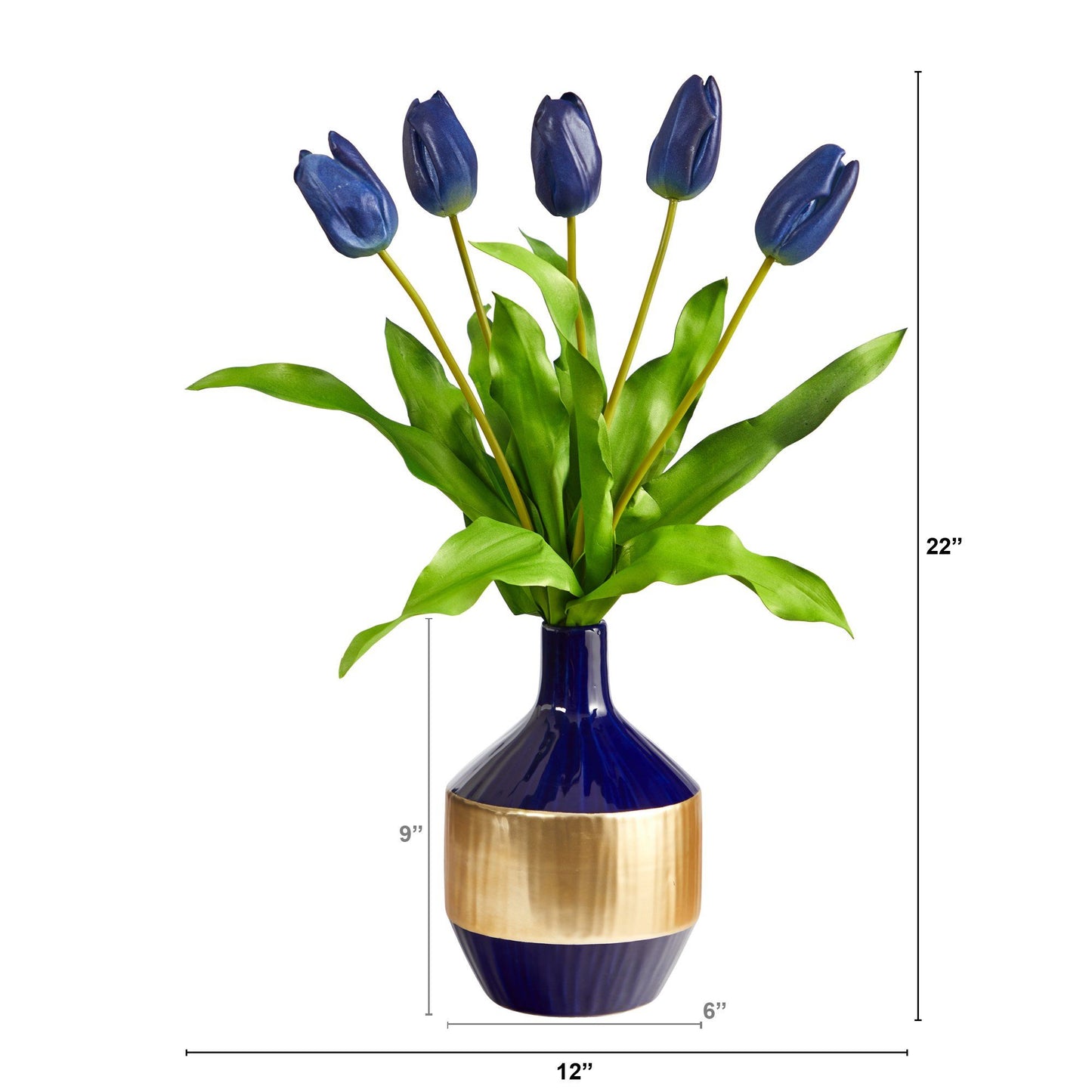 22” Niederländisches Tulpen Kunstarrangement in Blau und Gold Designer Vase