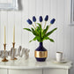 22” Niederländisches Tulpen Kunstarrangement in Blau und Gold Designer Vase