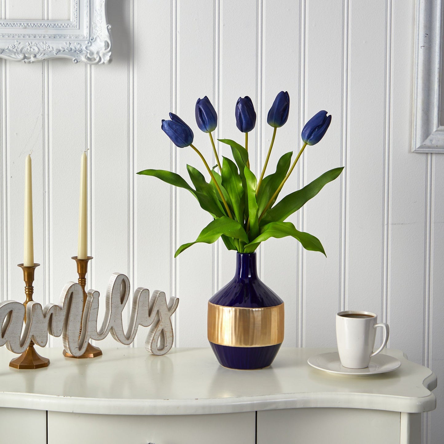 22” Niederländisches Tulpen Kunstarrangement in Blau und Gold Designer Vase
