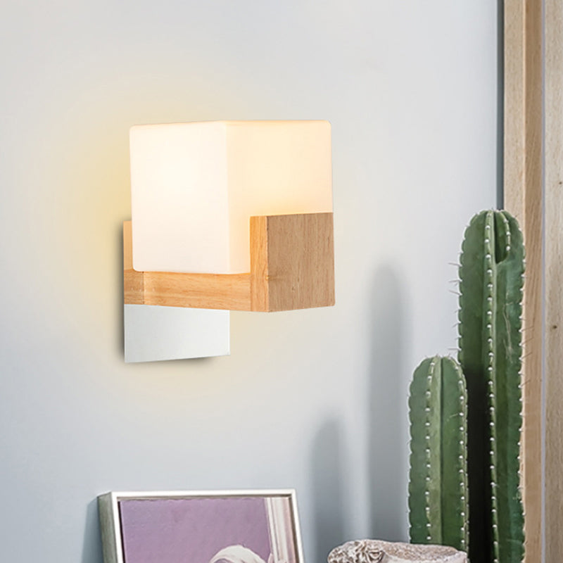Frendorf | Cube Nachttisch Wand Sconces Lampe Weiß Glas Einfach Modern Stil Wand Beleuchtung Leuchte mit Holz Rückplatte