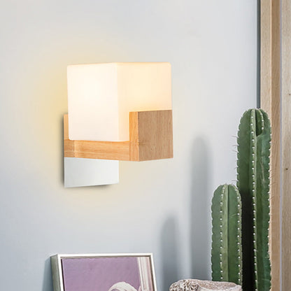 Frendorf | Cube Nachttisch Wand Sconces Lampe Weiß Glas Einfach Modern Stil Wand Beleuchtung Leuchte mit Holz Rückplatte