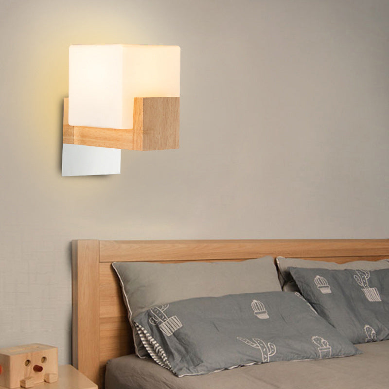 Frendorf | Cube Nachttisch Wand Sconces Lampe Weiß Glas Einfach Modern Stil Wand Beleuchtung Leuchte mit Holz Rückplatte