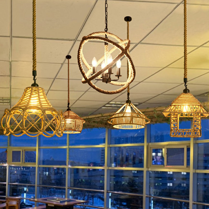 1-Licht Pendelleuchte Antike Hanfseil Hängeleuchte in Braun für Restaurant