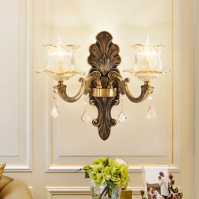 Frendorf | 1/2-Licht Wohnzimmer Wandmontage Lampe Vintage Stil Messing Wandleuchte mit Blüten klar strukturiertem Glasschirm
