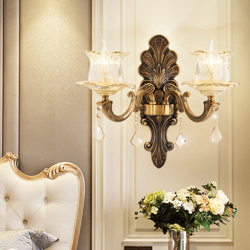 Frendorf | 1/2-Licht Wohnzimmer Wandmontage Lampe Vintage Stil Messing Wandleuchte mit Blüten klar strukturiertem Glasschirm