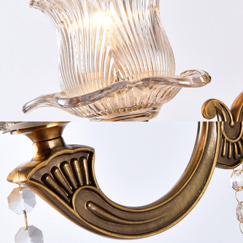 Frendorf | 1/2-Licht Wohnzimmer Wandmontage Lampe Vintage Stil Messing Wandleuchte mit Blüten klar strukturiertem Glasschirm