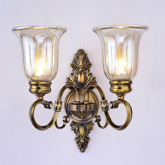 Frendorf | 1/2-Licht Klar Glas Wandlicht Traditionelle Bronze Glockenschirm Esszimmer Wandlampe mit geschwungenem Arm