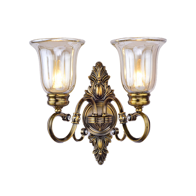 Frendorf | 1/2-Licht Klar Glas Wandlicht Traditionelle Bronze Glockenschirm Esszimmer Wandlampe mit geschwungenem Arm