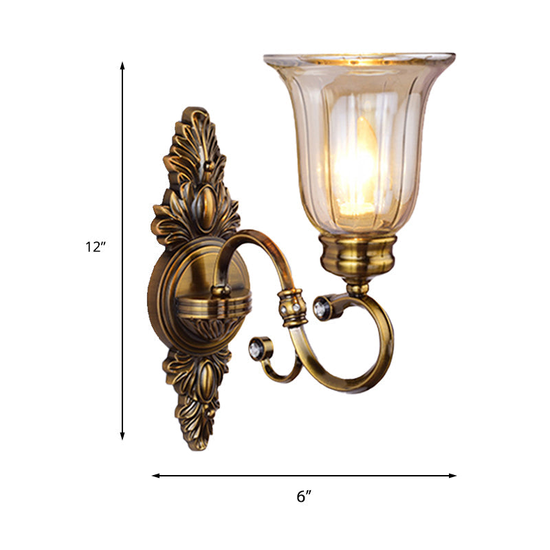 Frendorf | 1/2-Licht Klar Glas Wandlicht Traditionelle Bronze Glockenschirm Esszimmer Wandlampe mit geschwungenem Arm