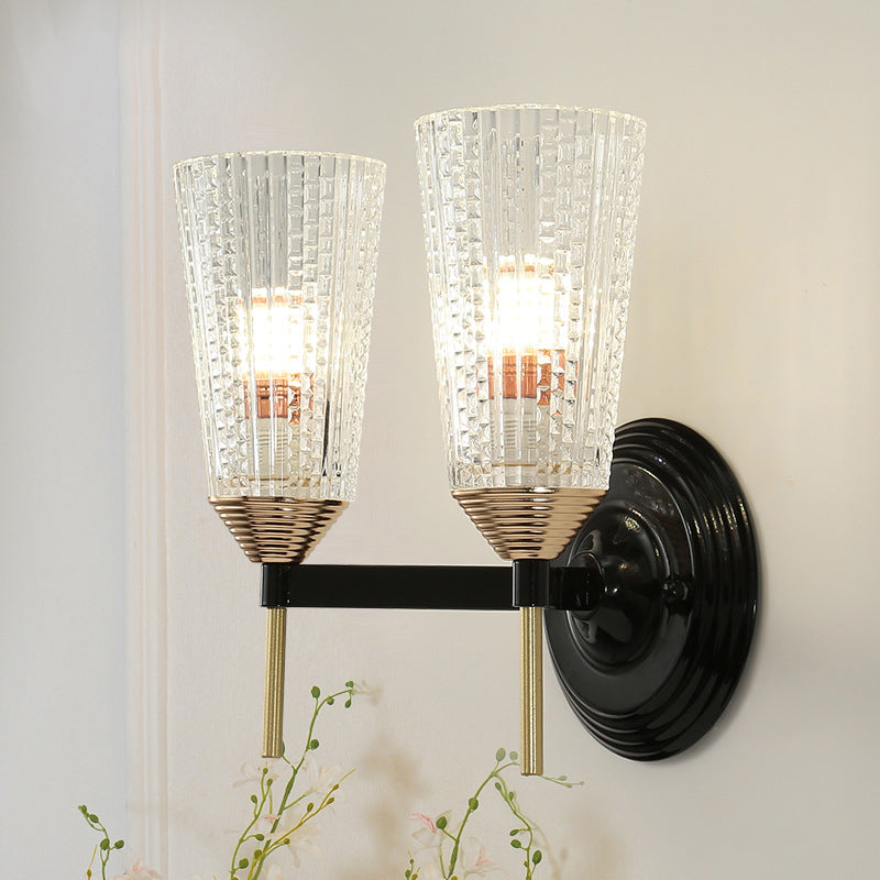 Frendorf | 1/2-Licht Wandlamp Traditionele Kegelvormige Helder Gestructureerd Glas Wandlamp in Zwart voor Hal