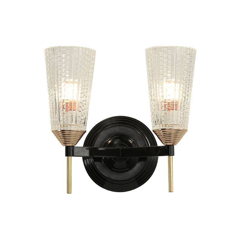 Frendorf | 1/2-Licht Wandlamp Traditionele Kegelvormige Helder Gestructureerd Glas Wandlamp in Zwart voor Hal