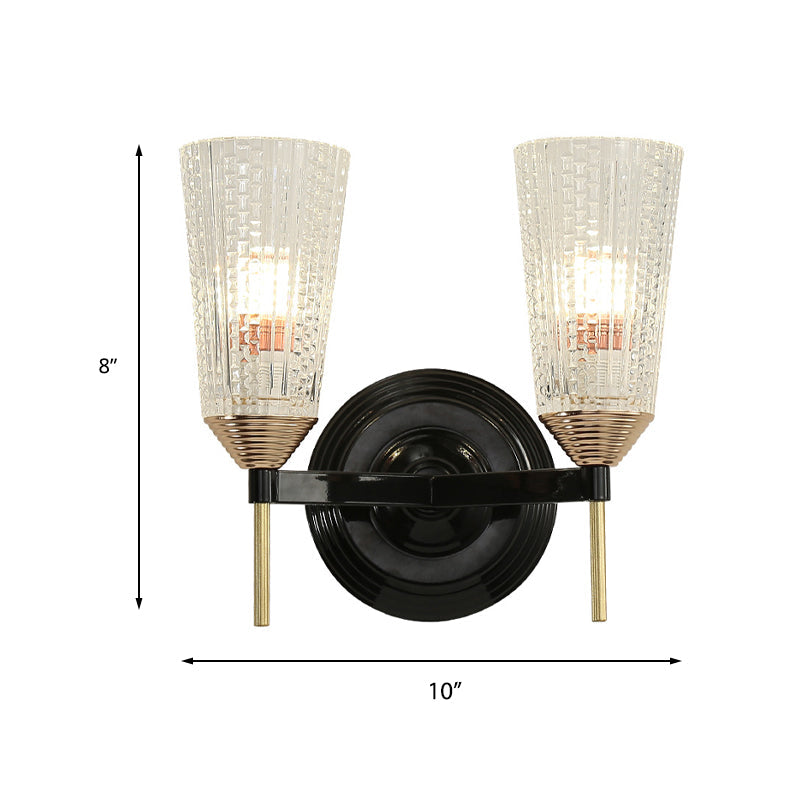Frendorf | 1/2-Licht Wandlamp Traditionele Kegelvormige Helder Gestructureerd Glas Wandlamp in Zwart voor Hal