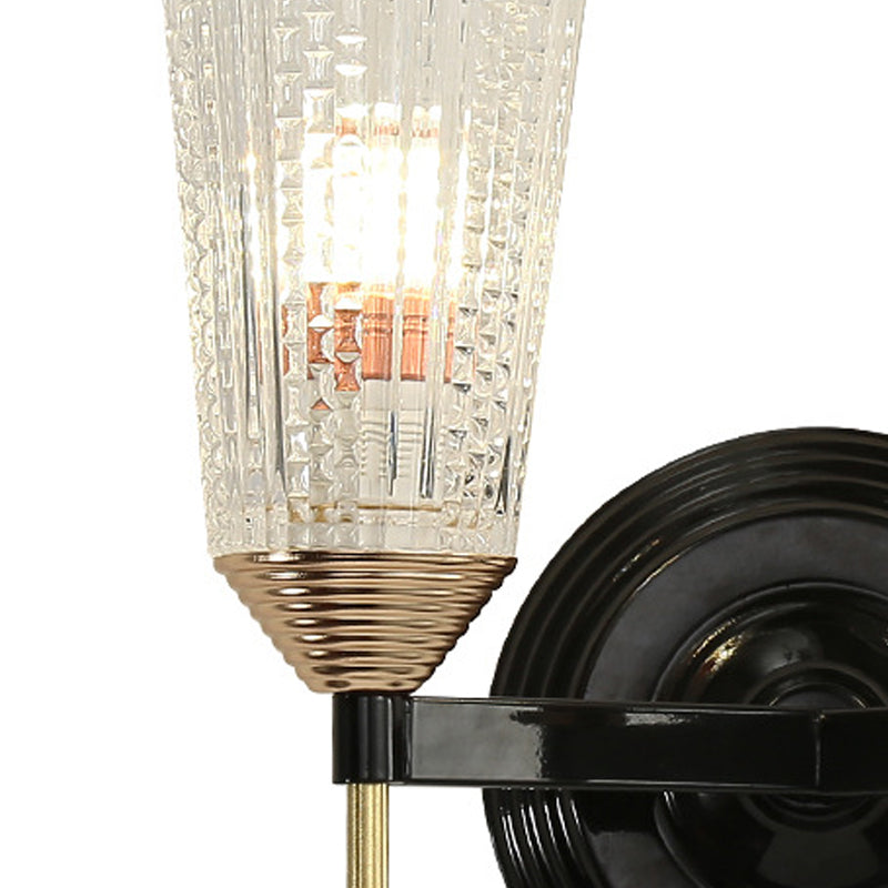 Frendorf | 1/2-Licht Wandlamp Traditionele Kegelvormige Helder Gestructureerd Glas Wandlamp in Zwart voor Hal
