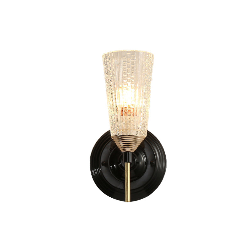 Frendorf | 1/2-Licht Wandlamp Traditionele Kegelvormige Helder Gestructureerd Glas Wandlamp in Zwart voor Hal