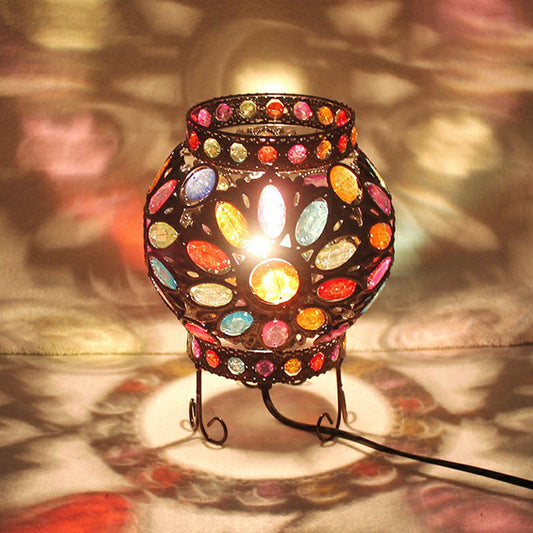 Oblate Eisen Tischbeleuchtung Traditionelle 1-Licht Schlafzimmer Nachttischlampe mit Acrylperle in Bronze