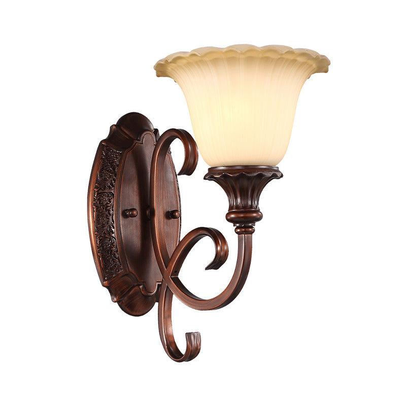 Frendorf | 1-Licht Frosted Glas Wandlicht Vintage Stil Rood Bruin Bloem Slaapkamer Wandlamp mit Kromme Arm