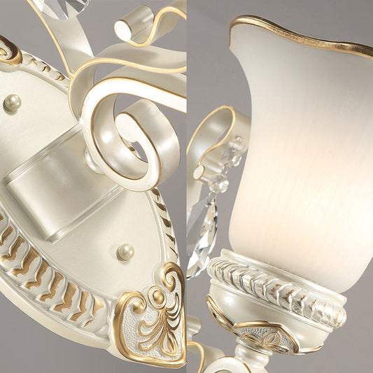 Frendorf | 1/2-Birne Frosted Glas Wandlampe Weiße Blumen Schirm Wohnzimmer Wandleuchte mit Kristallakzent