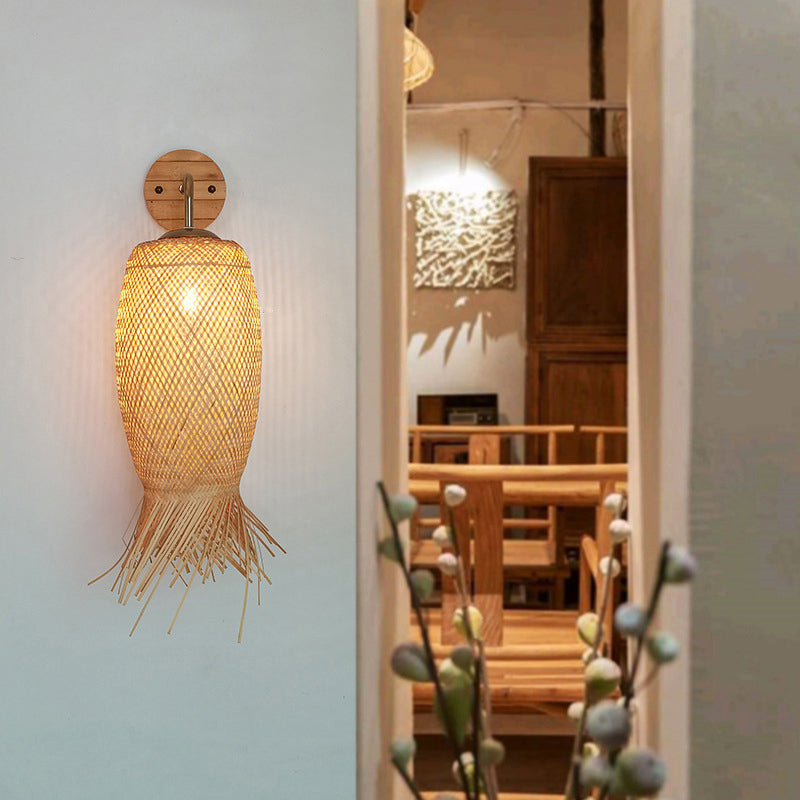Frendorf | Handgefertigte Korridor-Wandlichtarmatur Bambus Einzel-Glühbirne zeitgenössische Wandmontierte Lampe aus Holz