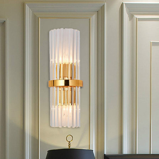 Frendorf | 2 Lichter Wohnzimmer Wandmontierte Lampe Moderne Messing-Finish Wandleuchte mit zylindrischem klarem Kristallschirm