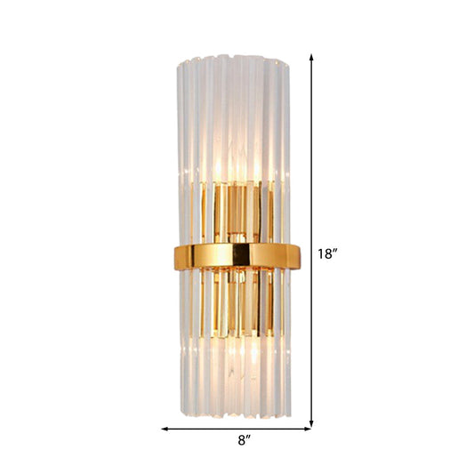 Frendorf | 2 Lichter Wohnzimmer Wandmontierte Lampe Moderne Messing-Finish Wandleuchte mit zylindrischem klarem Kristallschirm