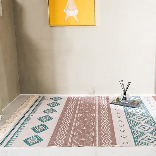 Frendorf | Boho Wohnzimmer Teppich Multi-Farben Geometrisches Muster Teppich Leinen Umweltfreundlicher Handgemachter Teppich mit Fransen