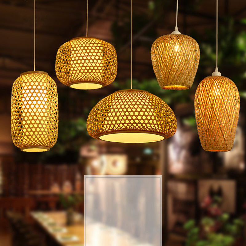 Holz Handgewebte Hängeleuchte Minimalistisch 1 Kopf Rattan Pendelleuchte