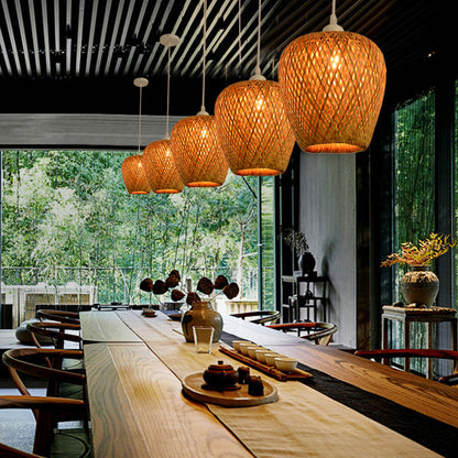 Holz Handgewebte Hängeleuchte Minimalistisch 1 Kopf Rattan Pendelleuchte