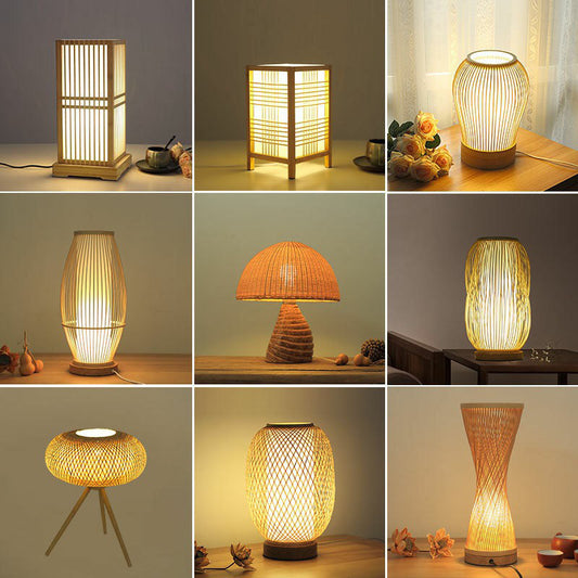 Schattierte Nachttischlampe Zeitgenössische Bambus Einzel Teezimmer Tischbeleuchtung in Holz