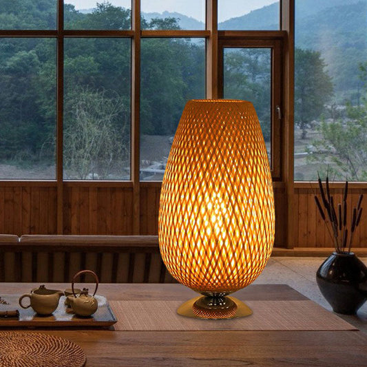 Eierförmige Nachttischbeleuchtung Rattan Einzelbirne Einfachheit Nachttischlampe aus Holz