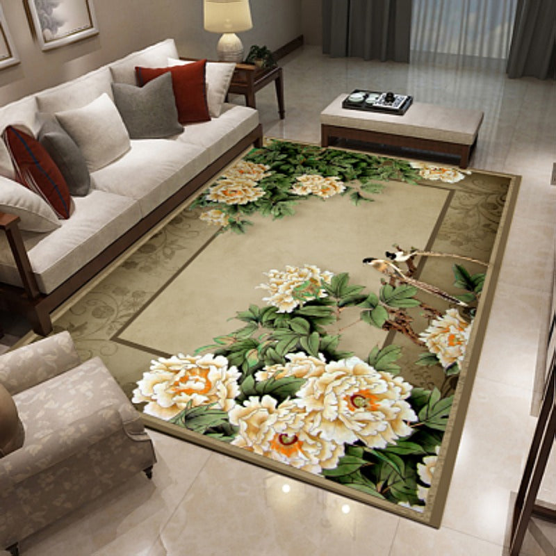 Frendorf | Multicolored living room rug Chinoiserie flower rug polypropylene machine washable stain resistant non-slip back rug