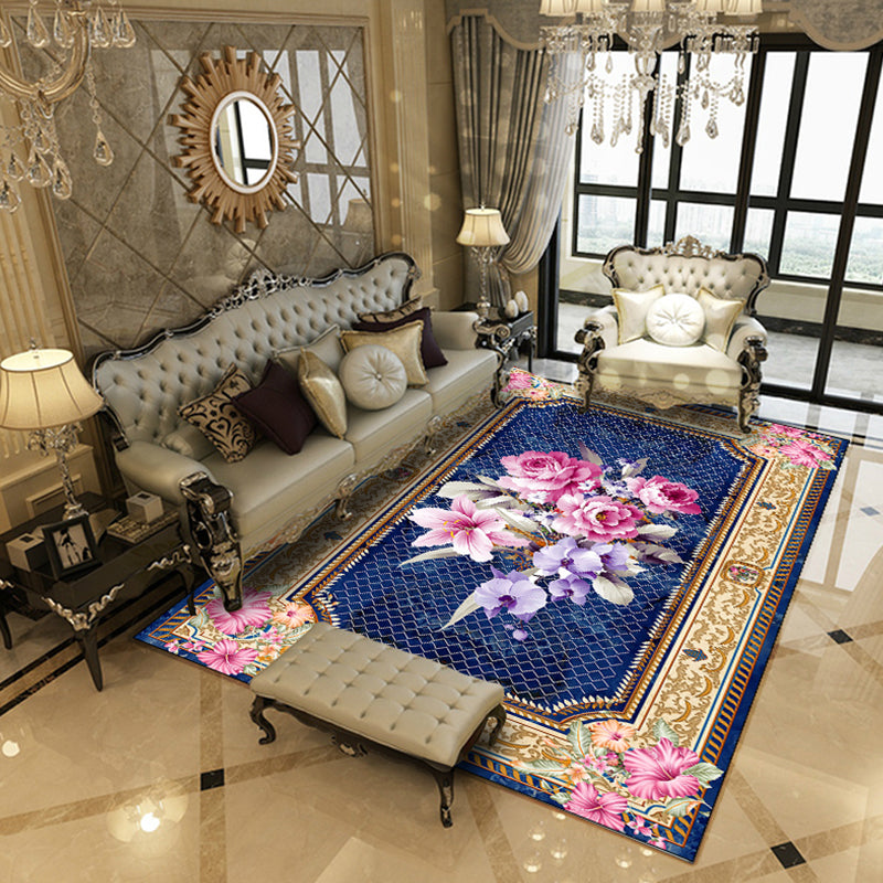 Frendorf | Multicolored living room rug Chinoiserie flower rug polypropylene machine washable stain resistant non-slip back rug