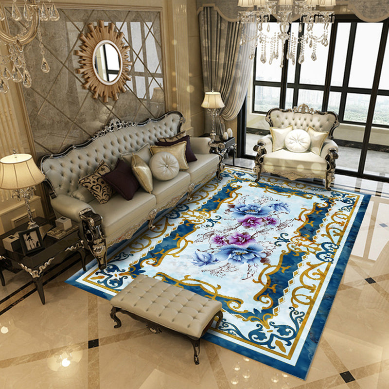 Frendorf | Multicolored living room rug Chinoiserie flower rug polypropylene machine washable stain resistant non-slip back rug