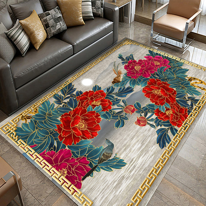 Frendorf | Multicolored living room rug Chinoiserie flower rug polypropylene machine washable stain resistant non-slip back rug