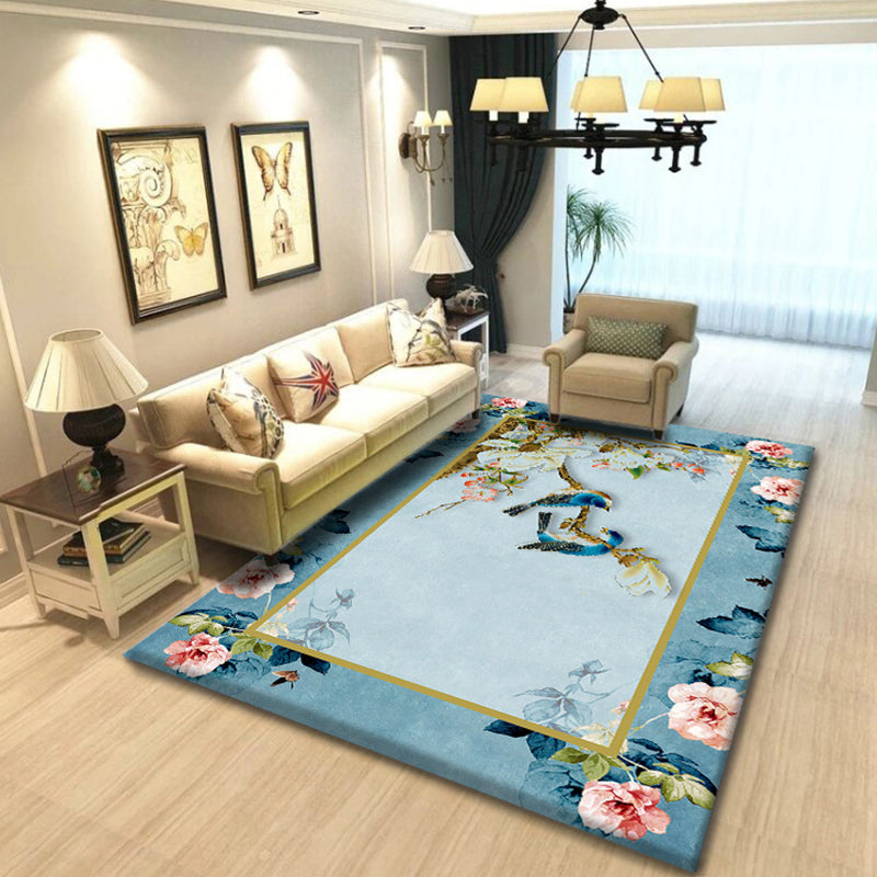 Frendorf | Multicolored living room rug Chinoiserie flower rug polypropylene machine washable stain resistant non-slip back rug