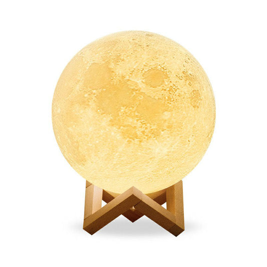 Plastik 3D Mondglobus Tischlampe Nordisch Weiß LED Nachttischlampe mit Holzhalterung