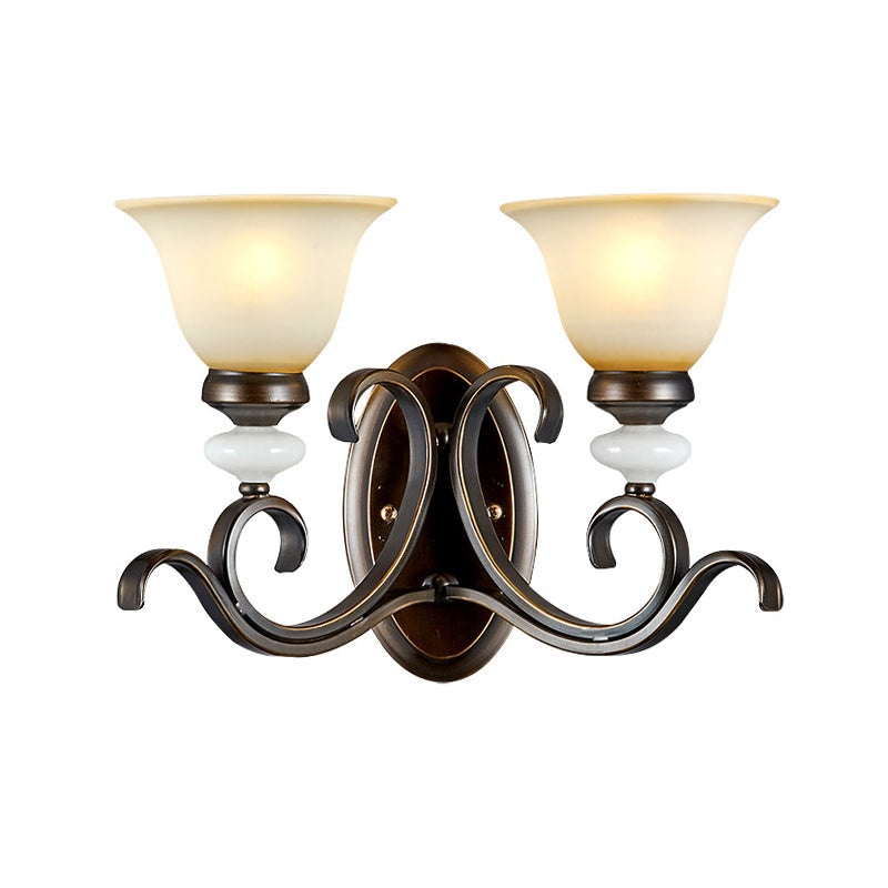 Frendorf | 1/2-Licht Glocke Wandlampe Antik Stil Schwarz Frosted Glas Wandlicht mit geschwungenem Arm für Schlafzimmer