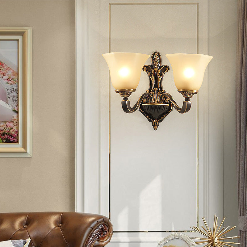 Frendorf | 1/2-licht wandlamp vintage porch wand scone met geflaird matglas in brons