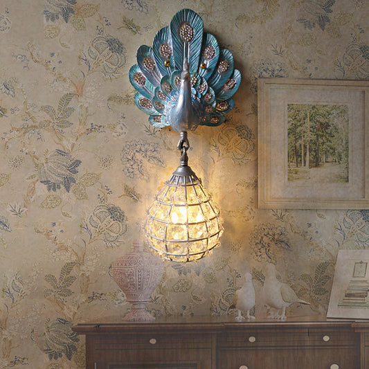 Frendorf | 1 Licht Wandmontage Licht mit Pfau-Dekoration Harz Vintage Schlafzimmer Wandlampe in Grün/Silber/Blau