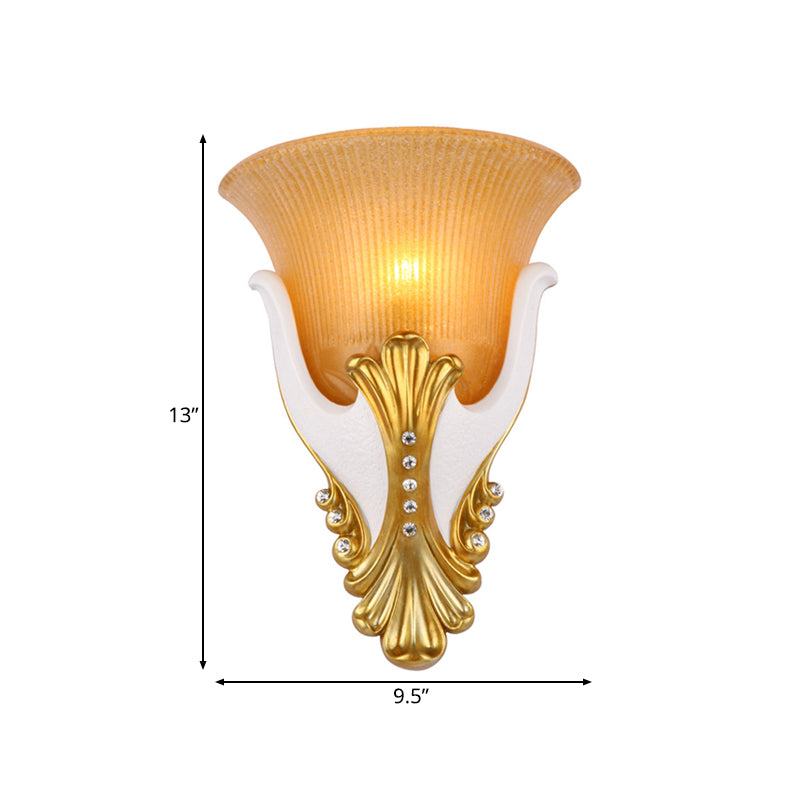 Frendorf | 1 Licht Ribbelglas Wandlamp Vintage Wit/Gele Belvormige Nachtkastlamp, 9.5"/13" Breed
